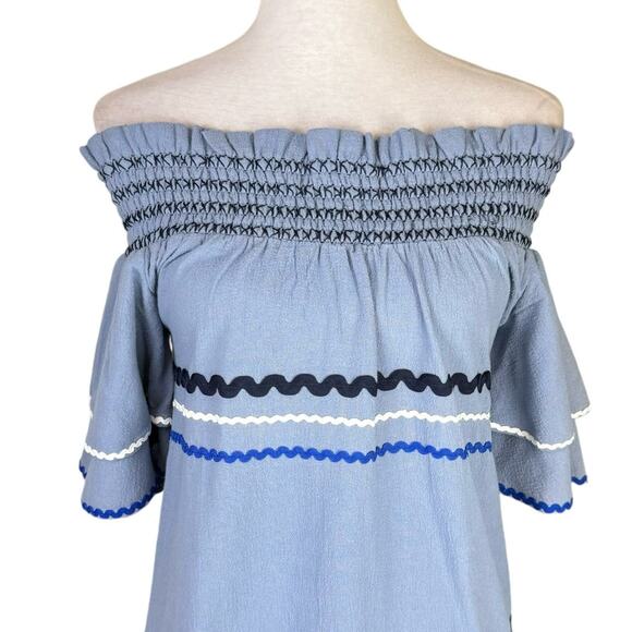 Mud Pie NWT Finnigan Blue Smocked Off the Shoulder Ric Rac MIni Dress Coastal - Picture 5 of 11